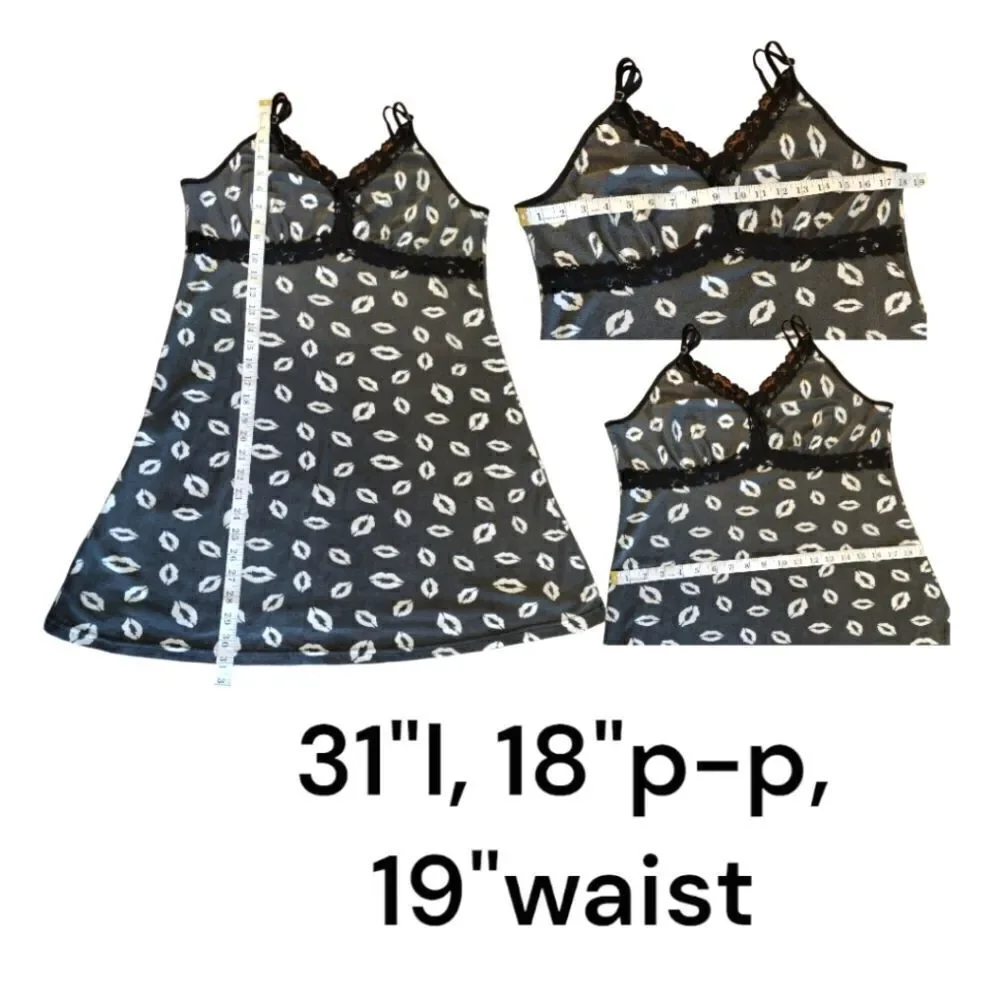 Y2K Black White Lips Printed Lace Trimmed Chemise Mini Slip Dress Large - Picture 11 of 11